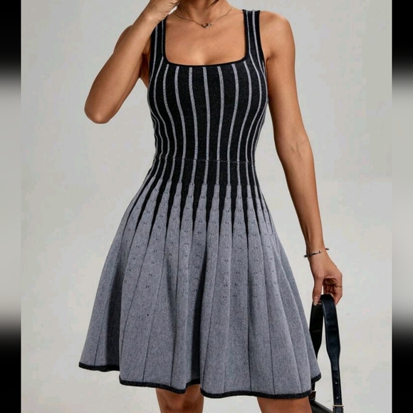 Dresses & Skirts - Women Striped Square Neck Sleeveless Knit Sweater Dress, Autumn/Winter